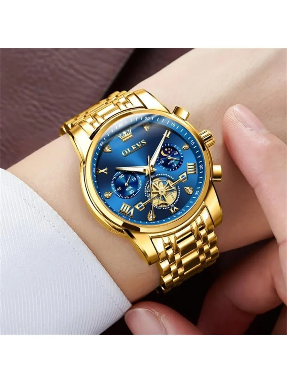 Mens Gold Blue Skeleton Stainless Steel Diamond Multi Calendar Chronograph Watch